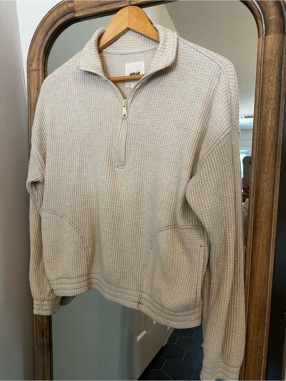 Aerie Half-Zip Waffle Knit Pullover in Light Beige